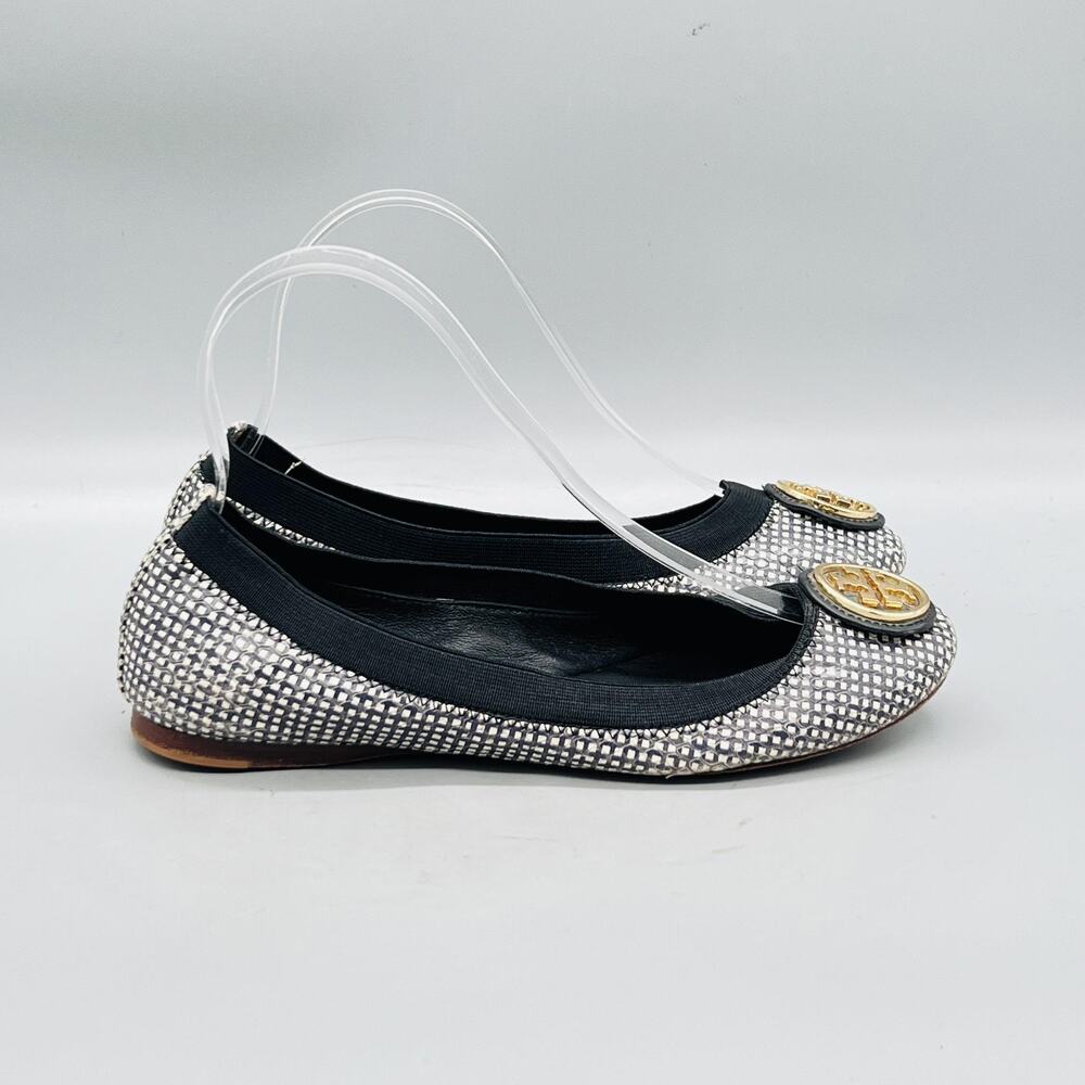 Tory Burch Shoes Womens 6 Silver Leather Check Logo Ballet Flats Slip On Party